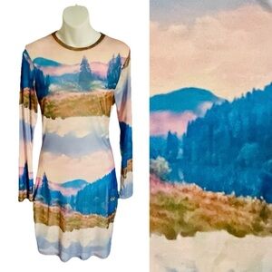 DIVIDED Wearable Art Scenic Mountains Print Stretch BODYCON DRESS Size Medium